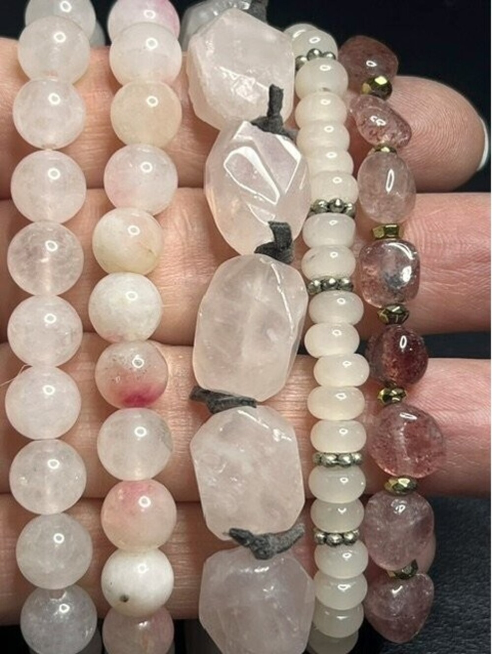 B6712 5pc Natural Beaded Stackable Stretch Bracelets Rose Strawberry quartz boho